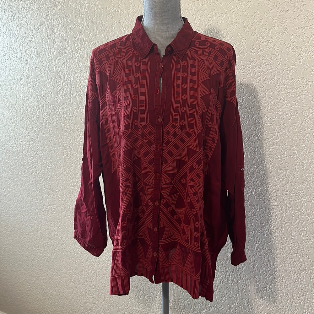 Johnny Was Embroidered Deep Red Blouse. FLAW: missing a button